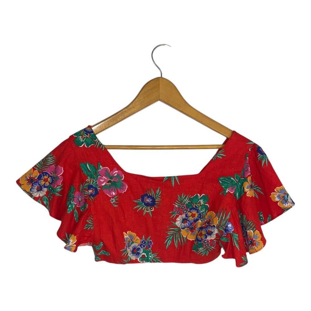 NEW Francesca's Linen Blend Cropped Button Front Ruffled Sleeve Halter Top XS - Picture 4 of 7
